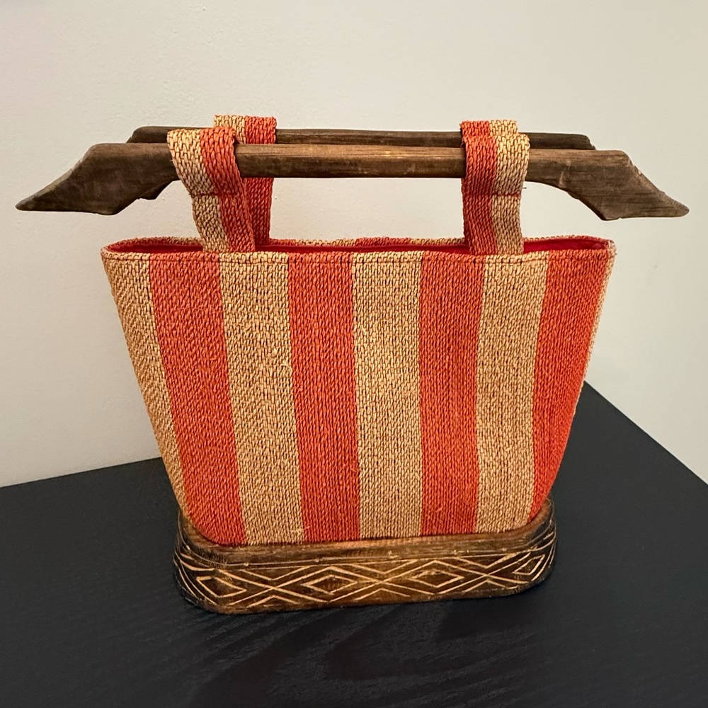Unique Orange Stripe Handbag Wood Handles